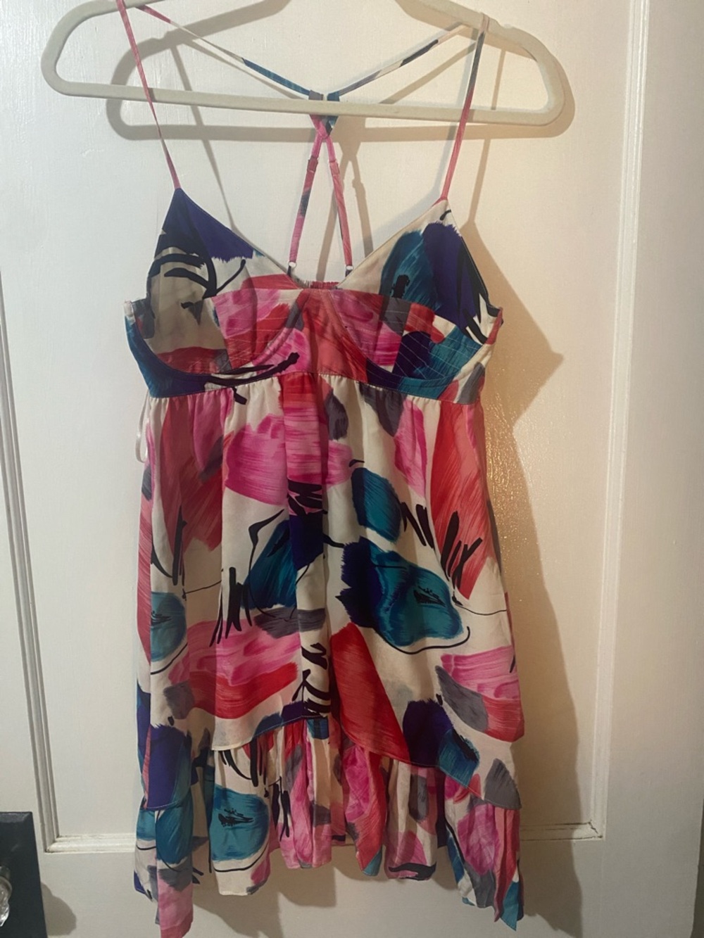 Yumi Kim Painterly Floral Spaghetti-Strap Midi Dress — Pink, Blue, Red, Cream